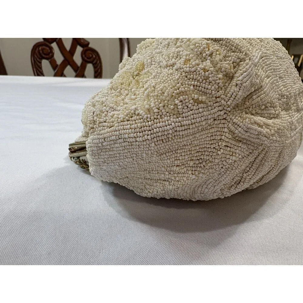 Vintage Rosenfeld Cream and Gold Hand Beaded Purse Made In Belgium